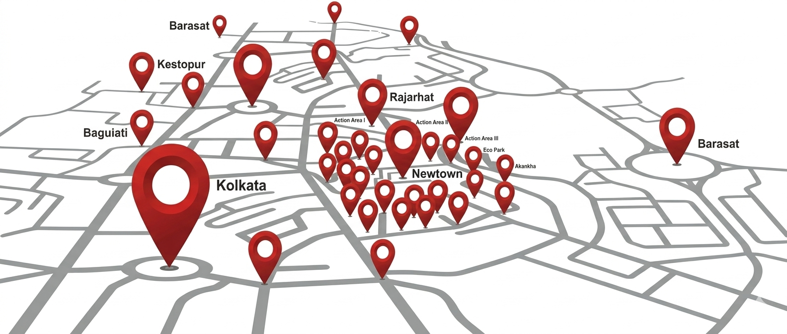 An abstract 3D perspective map of Kolkata and its surrounding areas like Newtown, Rajarhat, and Barasat, marked with numerous red map pin icons and location labels.
